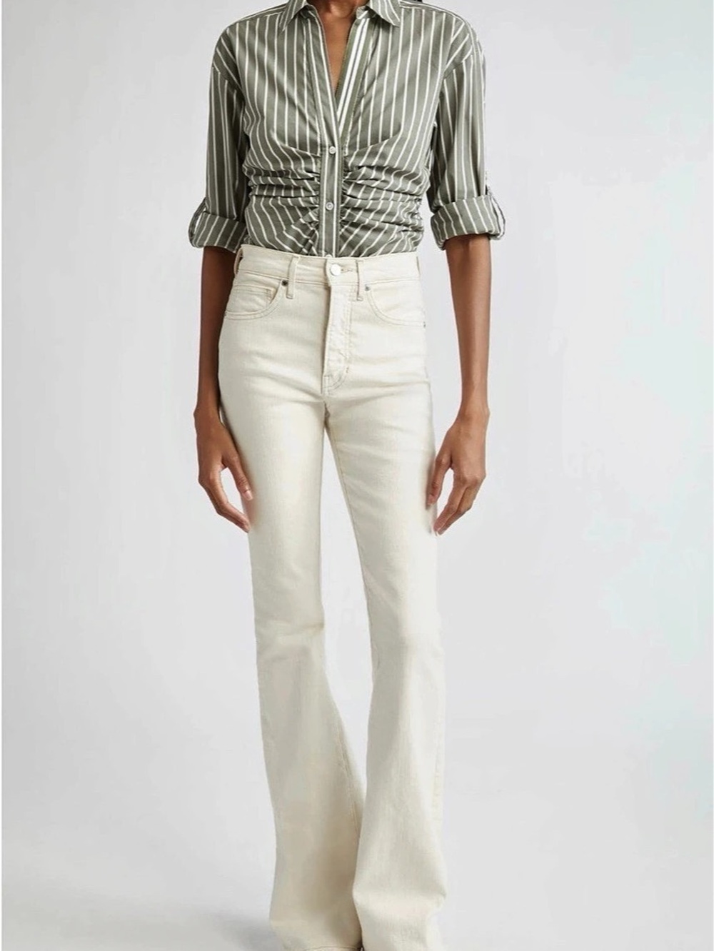 Veronica Beard Devra Stripe Ruched Cotton Blend Button-Up Shirt Striped Ruched